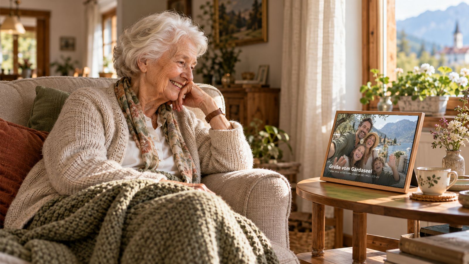 Eine ältere Dame sitzt lächelnd im Sessel. Auf dem CareScreen neben ihr: ein Familienfoto vom Gardasee, „Grüße vom Gardasee!“
