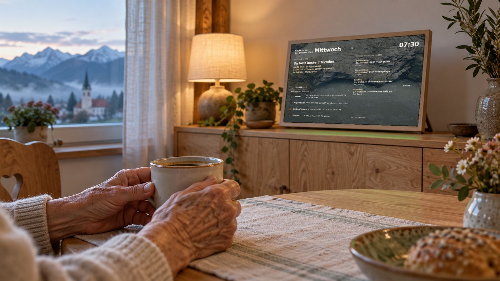 Frühstück am Fenster, die Hände um eine Kaffeetasse. Im Hintergrund zeigt CareScreen den Tag: Mittwoch, 7:30 Uhr, drei Termine.
