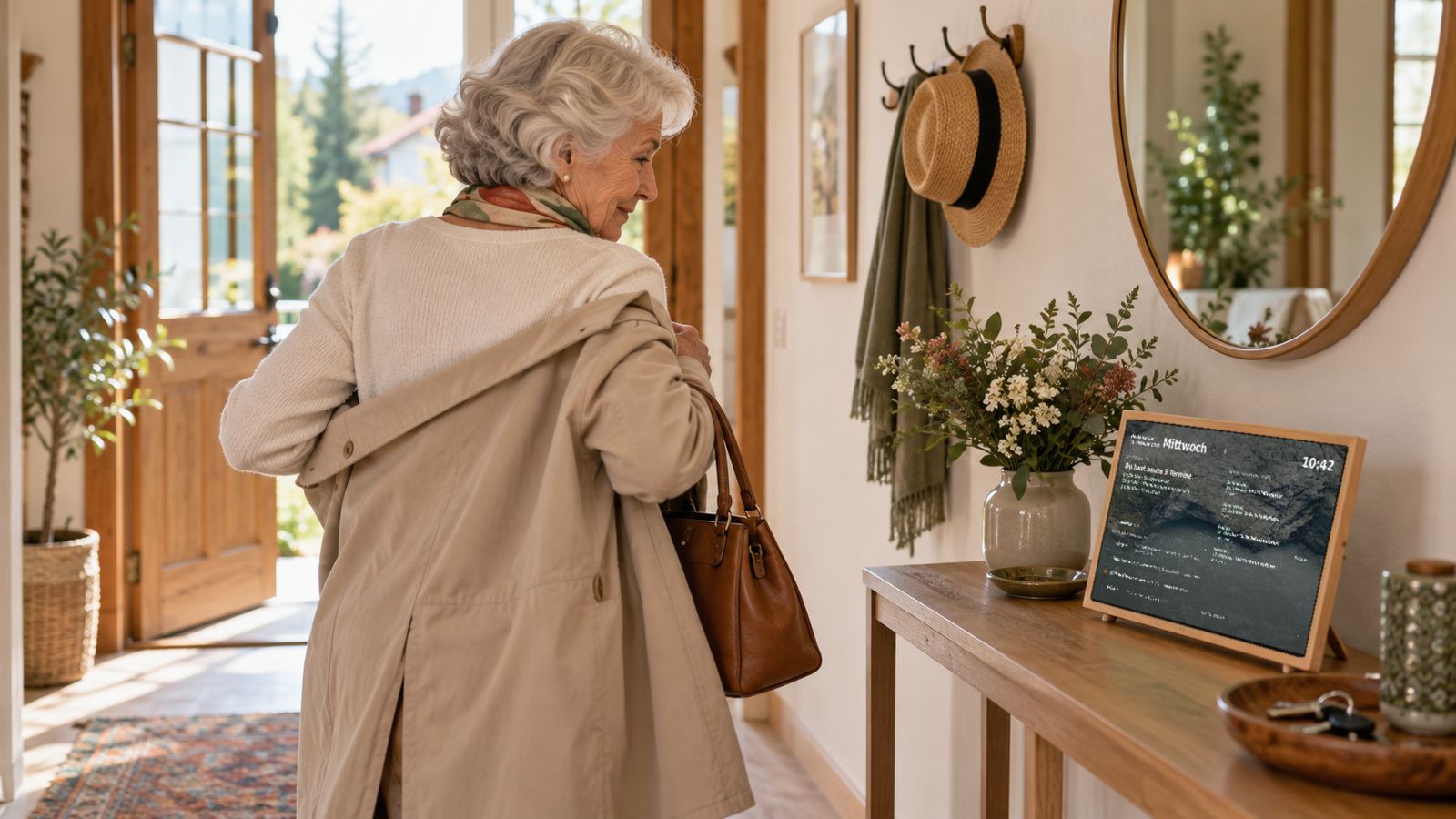 Eine ältere Dame zieht im Flur ihren Mantel an. Auf der Kommode neben ihr zeigt CareScreen, was gerade möglich ist.