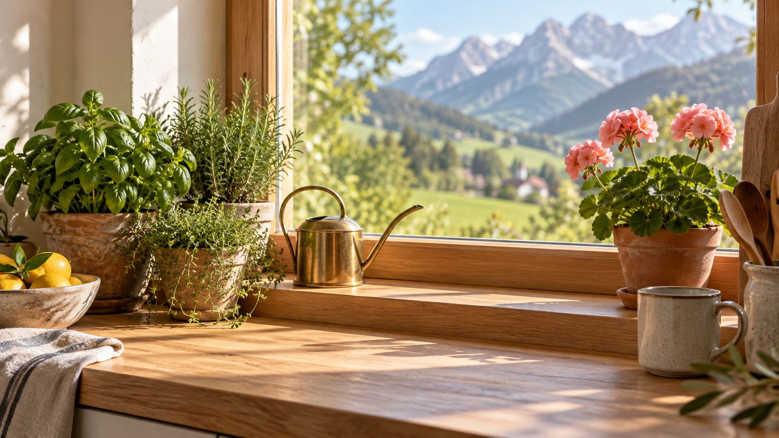 Ein sonniges Küchenfenster mit Kräutern, Geranie und einer kleinen Gießkanne.